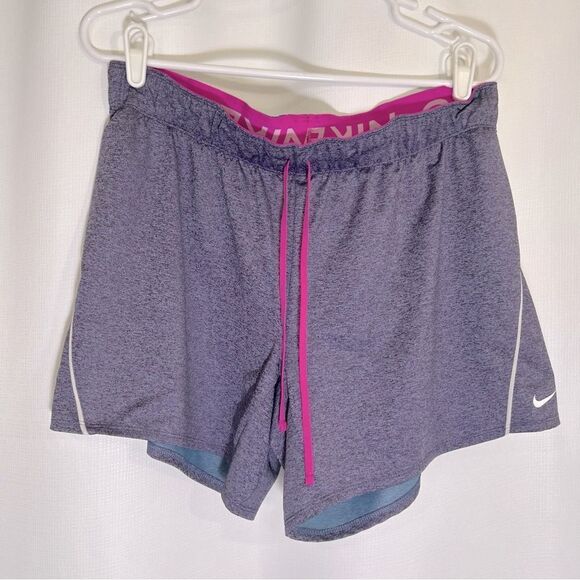 Nike Pro Dri Fit 5” Shorts Women’s Size Large Purple Blue With Pink Drawstrings - Picture 1 of 7